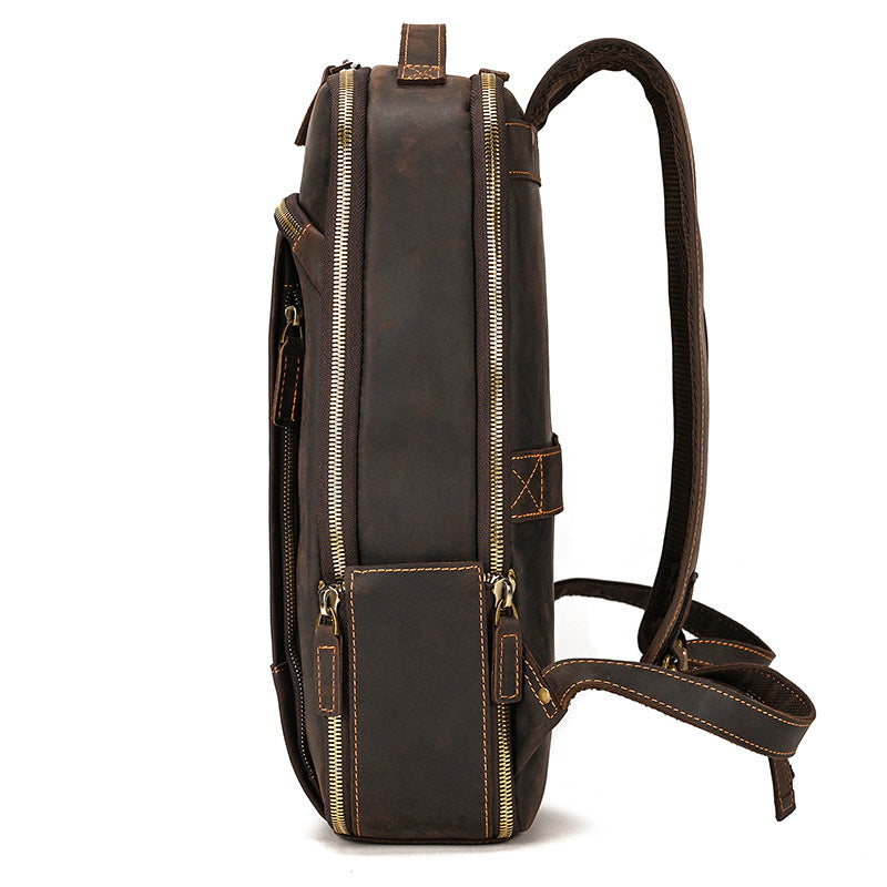 Double Zipper Main Bag Genuine Leather Large Capacity Crazy Horse Leather Outdoor Travel Leisure Backpack Social Buzz eSIMs