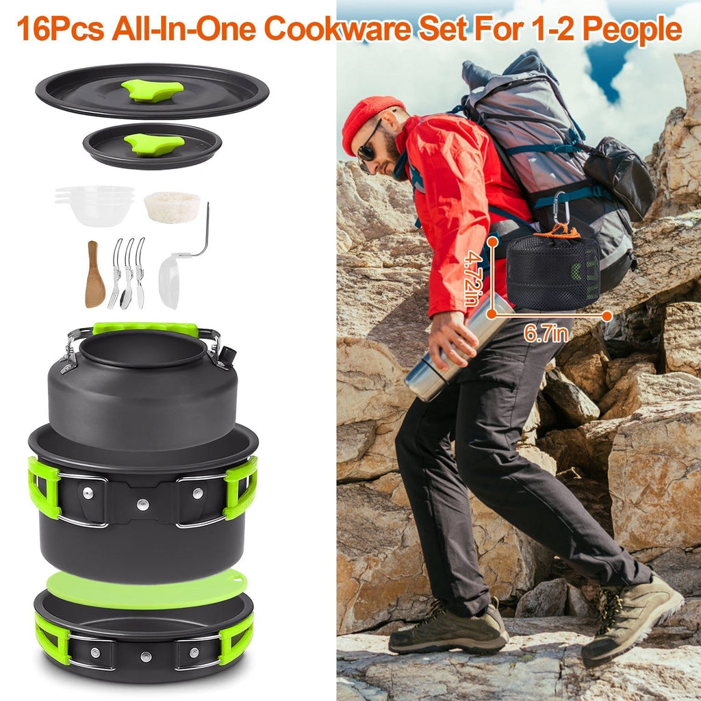 16Pcs Camping Cooking Ware Set Camping Stove Cookware Kit Aluminum Pot Pan Kettle Set with Bowls Knife Fork Spoon Carabiner Spatula Cutting Board for Hiking Picnic Outdoor Mercantile Mountain