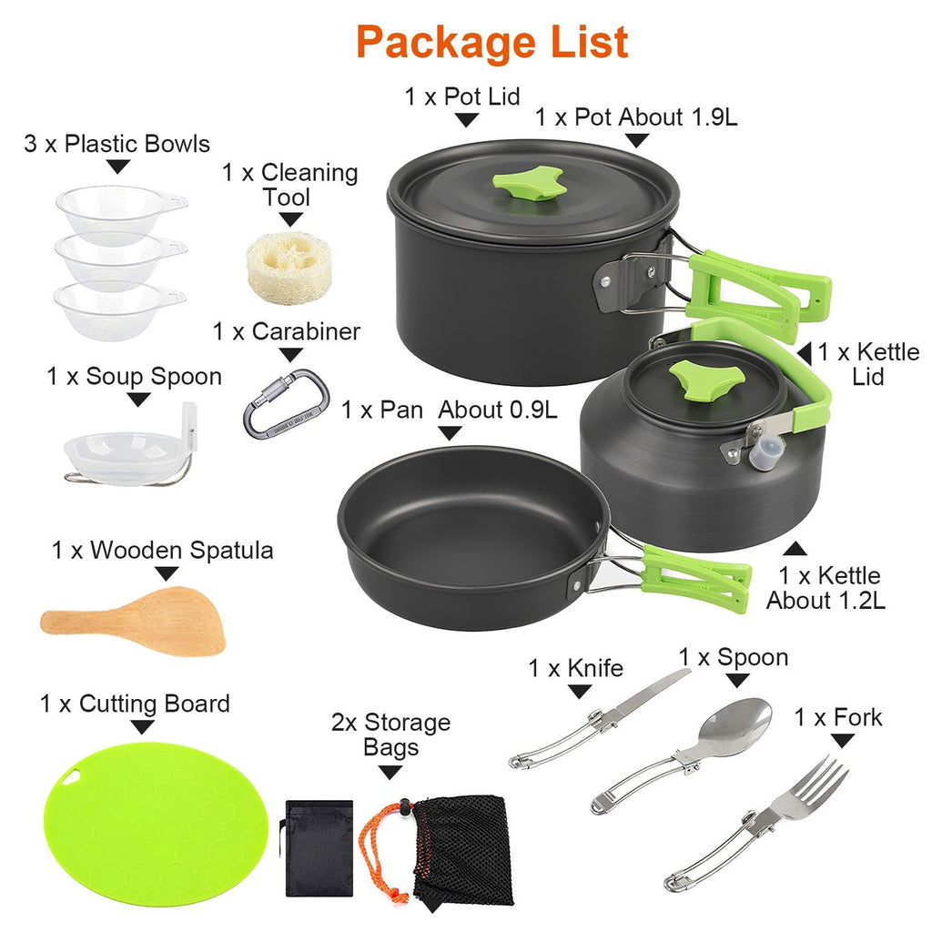 16Pcs Camping Cooking Ware Set Camping Stove Cookware Kit Aluminum Pot Pan Kettle Set with Bowls Knife Fork Spoon Carabiner Spatula Cutting Board for Hiking Picnic Outdoor Mercantile Mountain