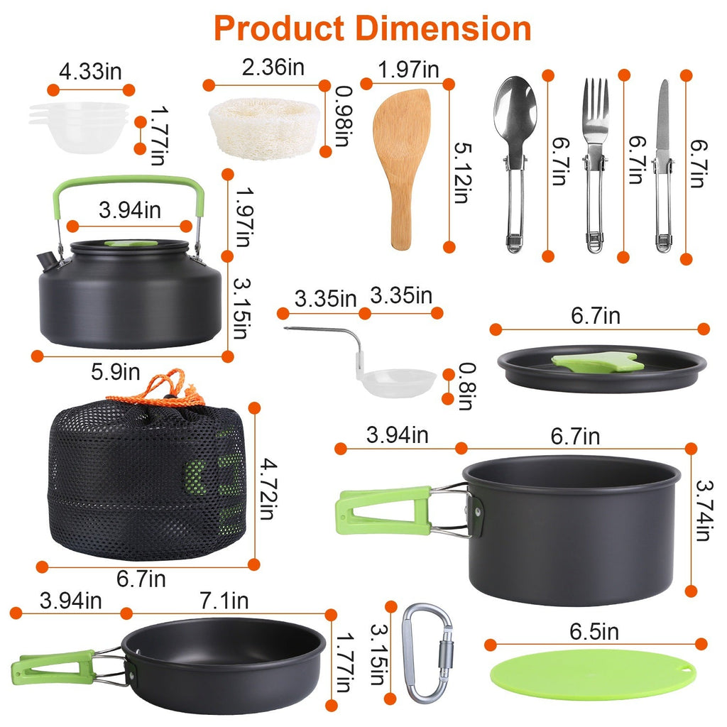 16Pcs Camping Cooking Ware Set Camping Stove Cookware Kit Aluminum Pot Pan Kettle Set with Bowls Knife Fork Spoon Carabiner Spatula Cutting Board for Hiking Picnic Outdoor Mercantile Mountain