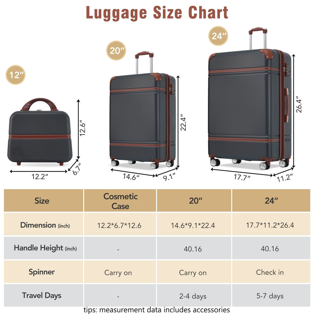 Hardshell Luggage Sets 3 Pieces 20"+24" Luggages and Cosmetic Case Spinner Suitcase with TSA Lock Lightweight,Black Mercantile Mountain
