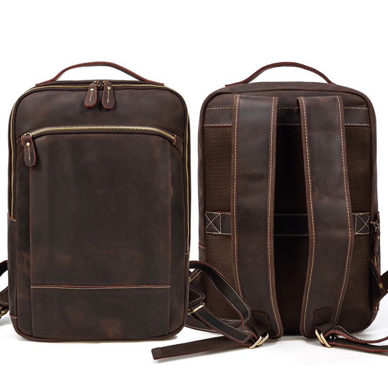Double Zipper Main Bag Genuine Leather Large Capacity Crazy Horse Leather Outdoor Travel Leisure Backpack Social Buzz eSIMs