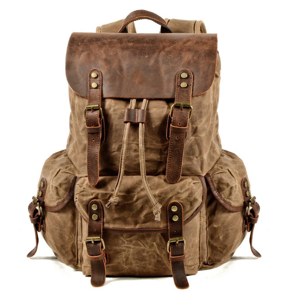 Casual Retro Drawstring Men's Oil Wax Canvas Travel Backpack Social Buzz eSIMs