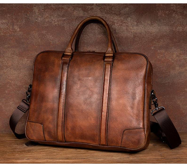 Full Grain Leather Briefcase Men's Leather Laptop Bag Shoulder Messenger Bag Gift for Him RockCow Leather Studio