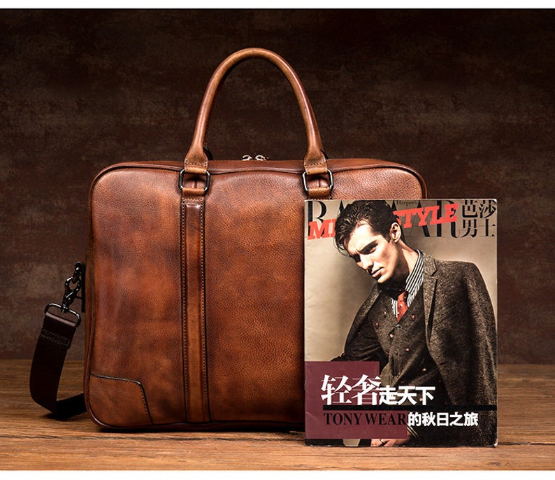 Full Grain Leather Briefcase Men's Leather Laptop Bag Shoulder Messenger Bag RockCow Leather Studio