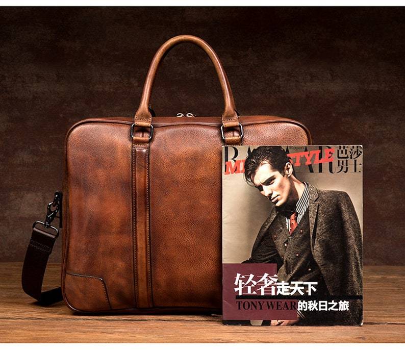 Full Grain Leather Briefcase Men's Leather Laptop Bag Shoulder Messenger Bag Gift for Him RockCow Leather Studio