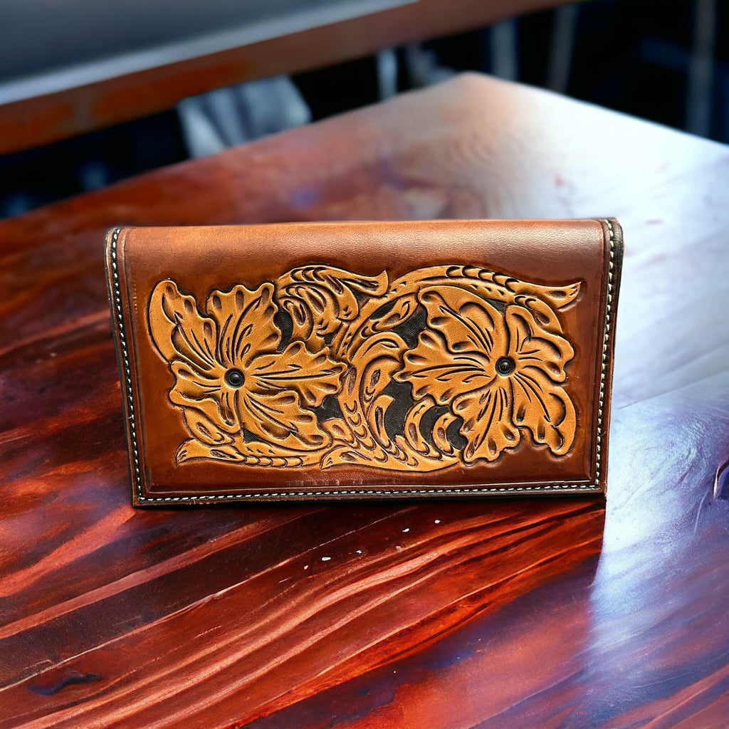 Hand Tooled Check Book Cover Cowhide and Conchos