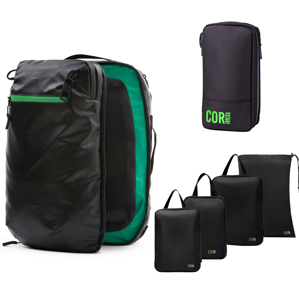 Island Hopper Travel Bundle - Backpack + Toiletry Bag + Compression Packing Cubes with YKK COR Surf
