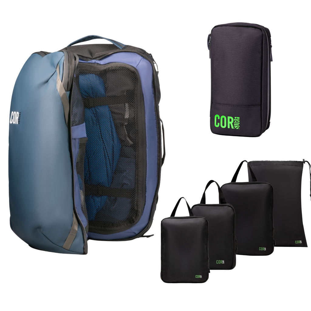 Island Hopper Travel Bundle - Backpack + Toiletry Bag + Compression Packing Cubes with YKK COR Surf