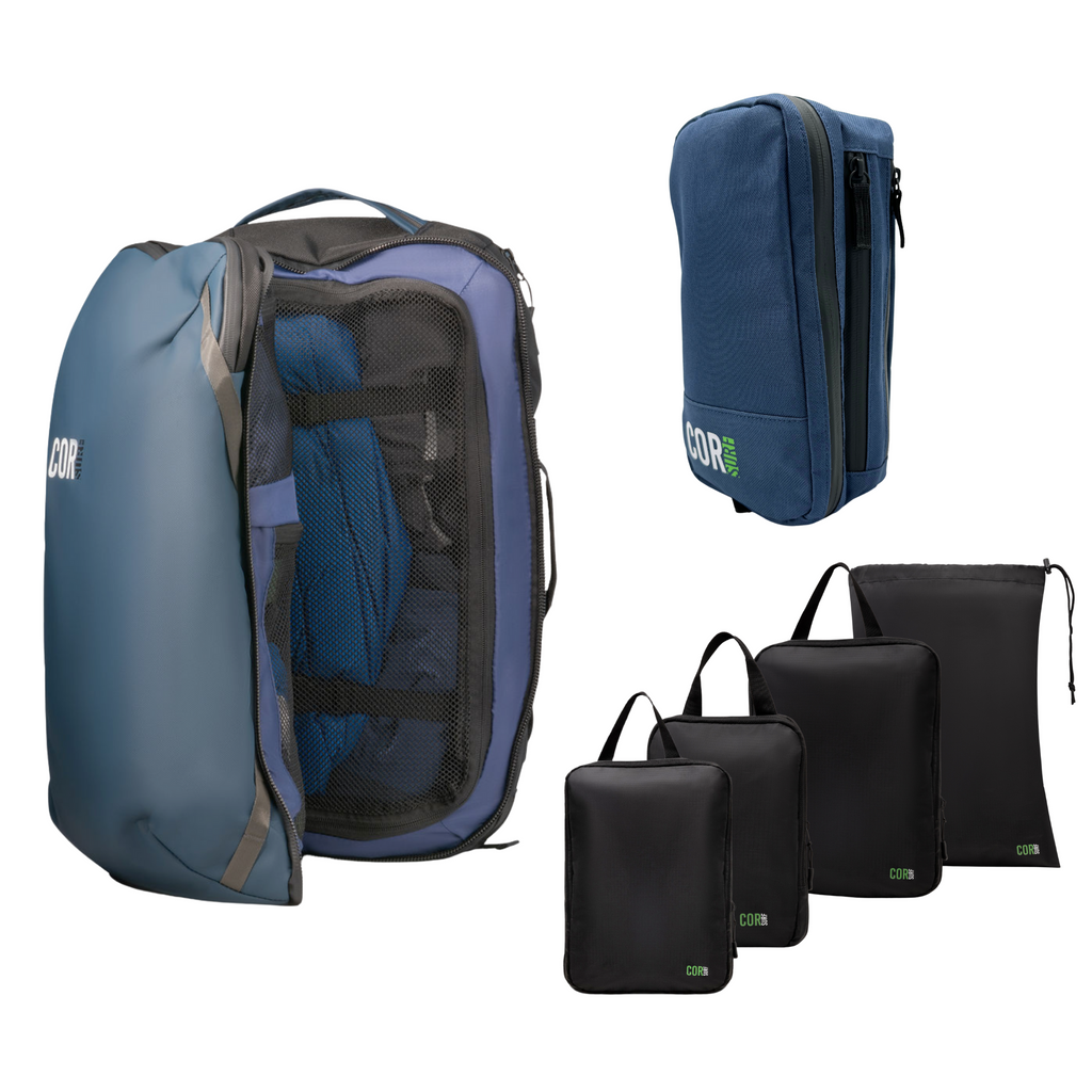 Island Hopper Travel Bundle - Backpack + Toiletry Bag + Compression Packing Cubes with YKK COR Surf