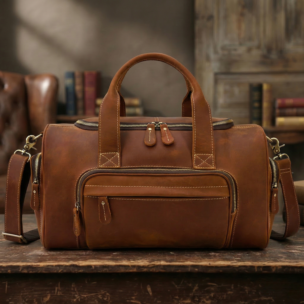 Full Grain Leather Travel Bag Handmade Leather Duffle Bag Mens Overnight Bag Weekender Bag RockCow Leather Studio