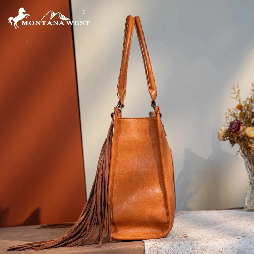 Montana West Tool Fringe Collection Concealed Carry Wide Tote Cowhide and Conchos