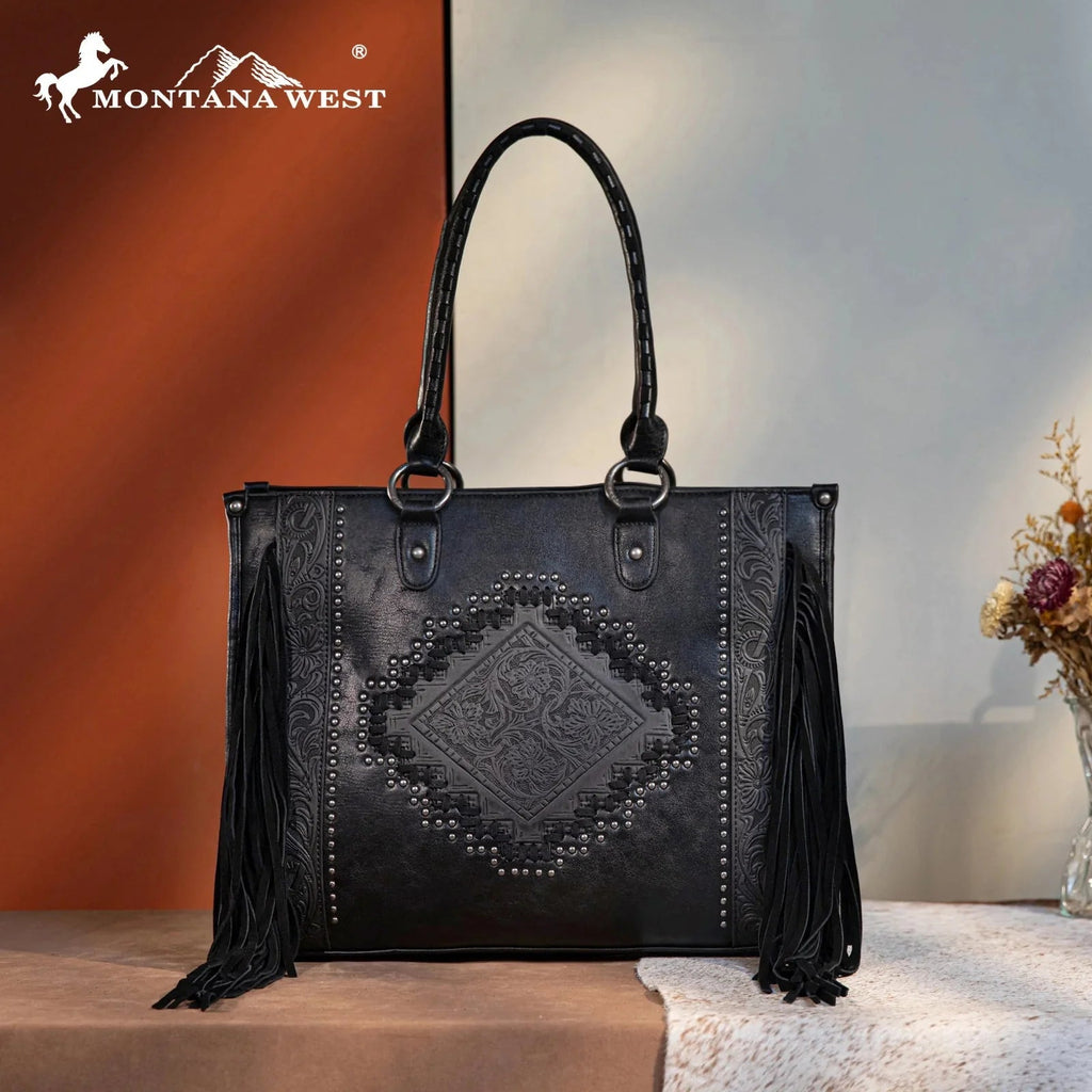 Montana West Tool Fringe Collection Concealed Carry Wide Tote Cowhide and Conchos