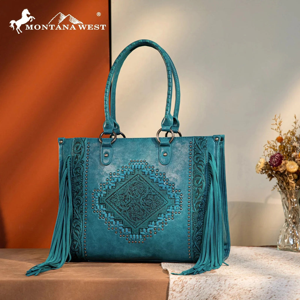 Montana West Tool Fringe Collection Concealed Carry Wide Tote Cowhide and Conchos