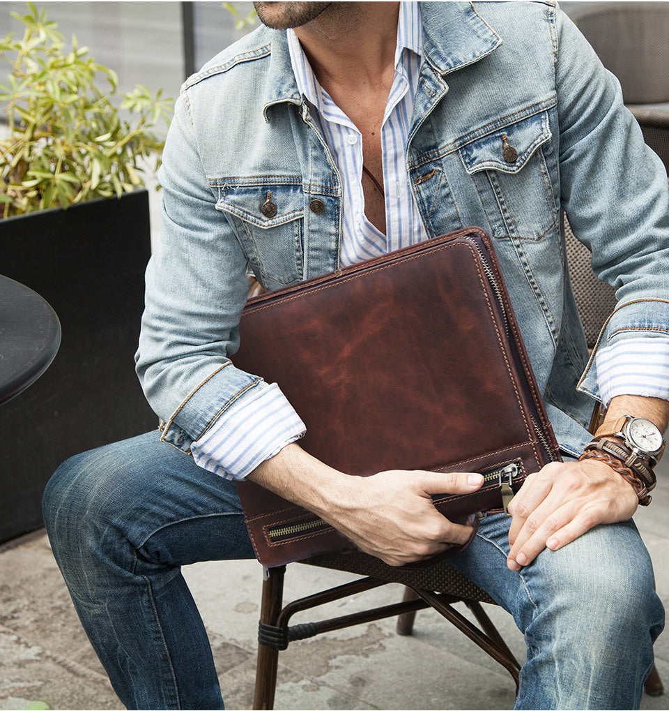 Handmade Genuine Leather Case, AirTag Compartment, Handheld Multi-Functional iPad Cover RockCow Leather Studio