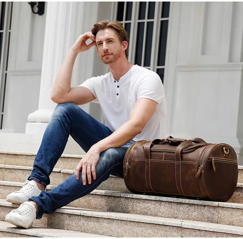 The Wainwright Weekender | Round Vintage Leather Weekender STEEL HORSE LEATHER