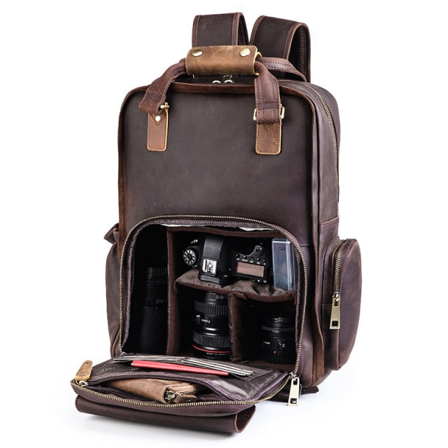 The Gaetano | Large Leather Backpack Camera Bag with Tripod Holder STEEL HORSE LEATHER