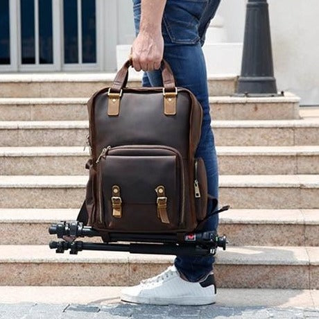The Gaetano | Large Leather Backpack Camera Bag with Tripod Holder STEEL HORSE LEATHER