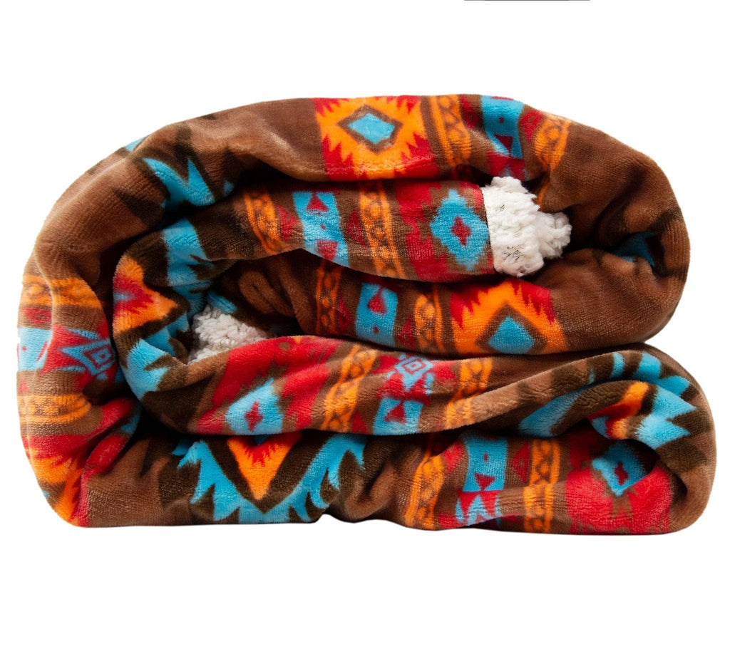 Southwest Horizon Sherpa Fleece Throw Blanket Cowhide and Conchos