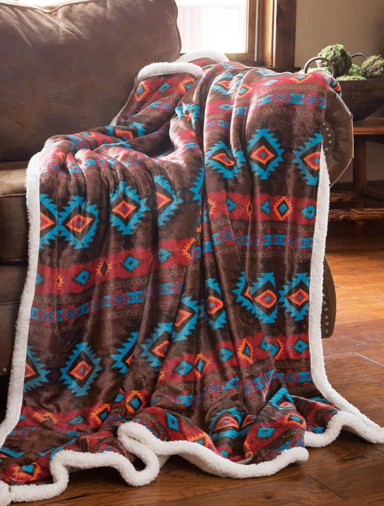 Southwest Horizon Sherpa Fleece Throw Blanket Cowhide and Conchos