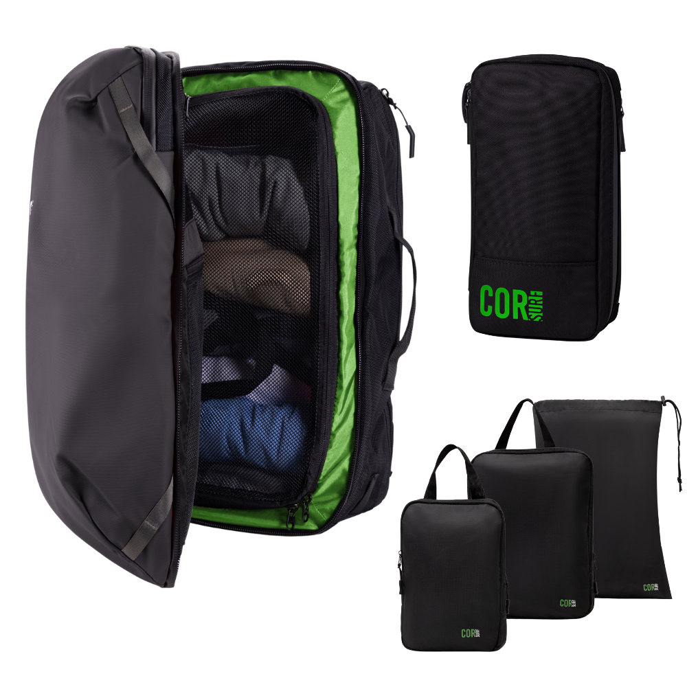 Island Hopper Travel Bundle - Backpack + Toiletry Bag + Compression Packing Cubes with YKK COR Surf