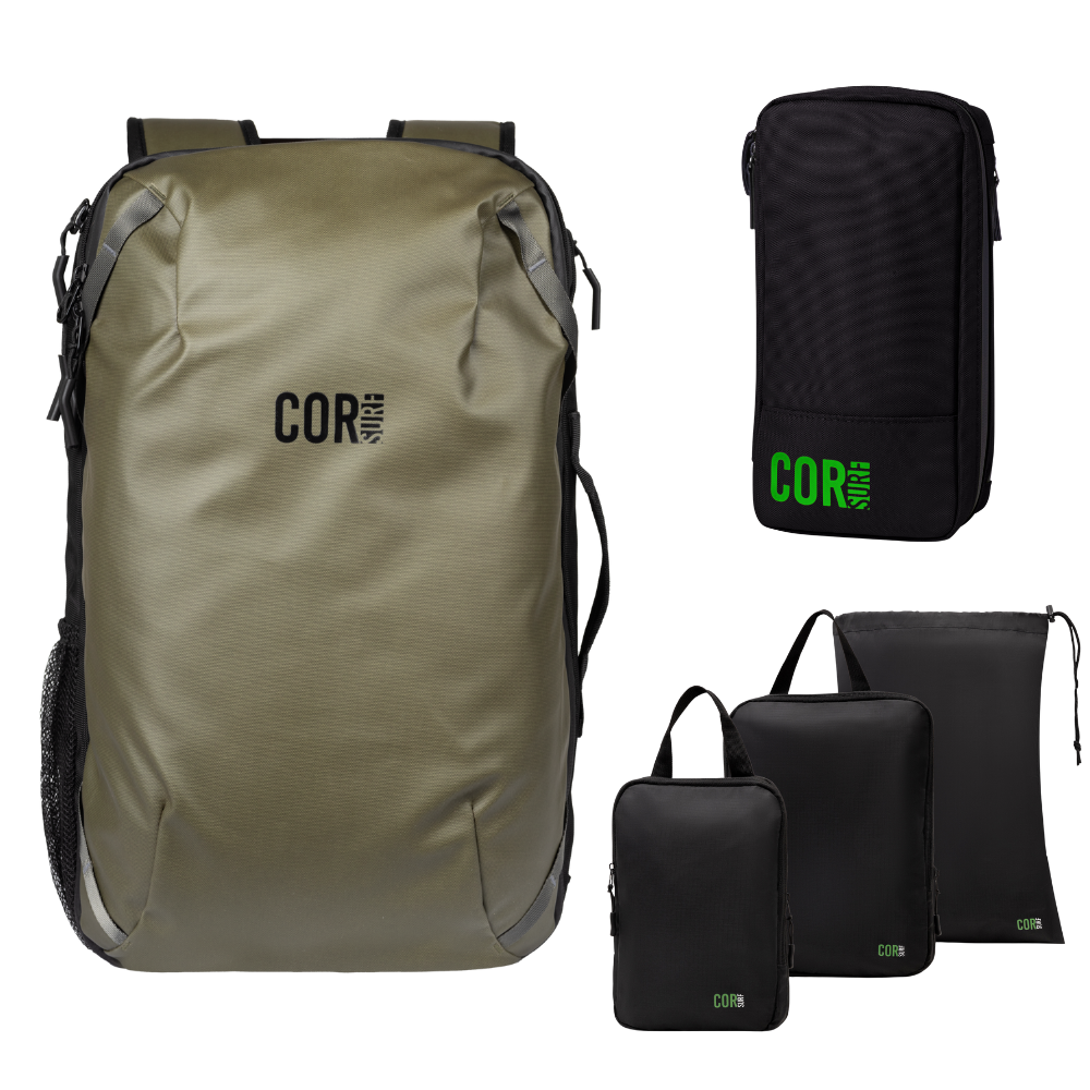 Island Hopper Travel Bundle - Backpack + Toiletry Bag + Compression Packing Cubes with YKK COR Surf
