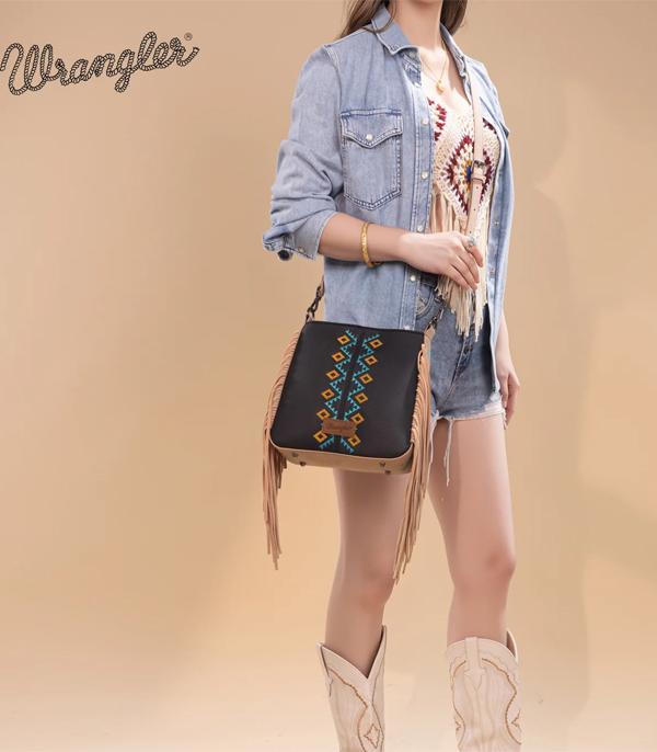 Wrangler Aztec Embroidered Crossbody Bag - Black Cowhide and Conchos