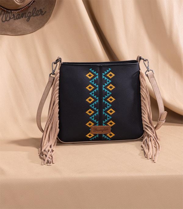 Wrangler Aztec Embroidered Crossbody Bag - Black Cowhide and Conchos