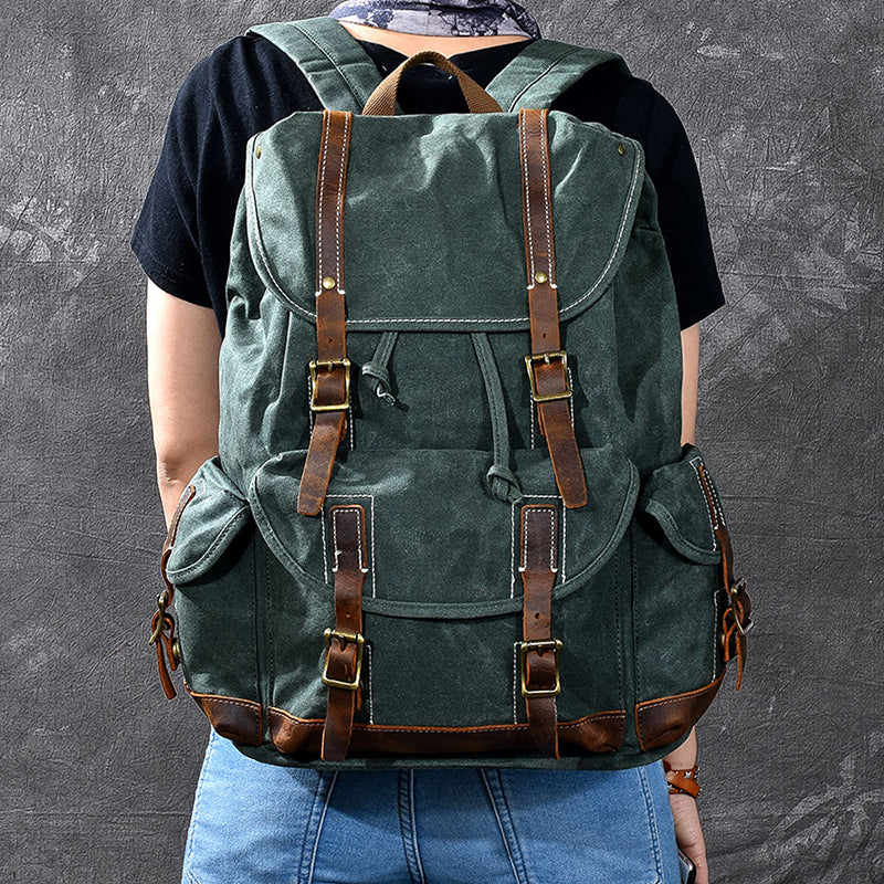 Waxed Canvas With Leather Backpack Vintage Large Capacity Backpack Travel Backpack RockCow Leather Studio