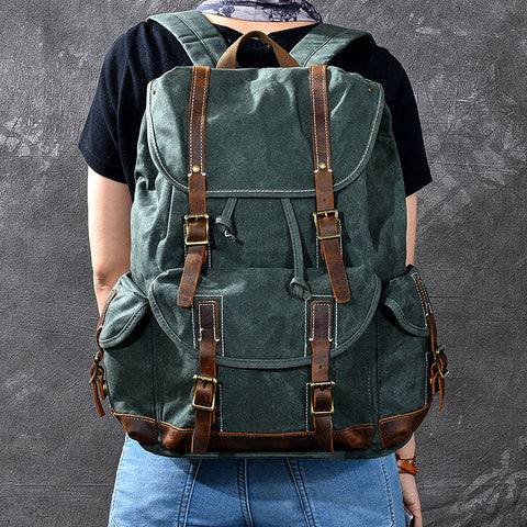 Waxed Canvas With Leather Backpack Vintage Large Capacity Backpack Travel Backpack RockCow Leather Studio