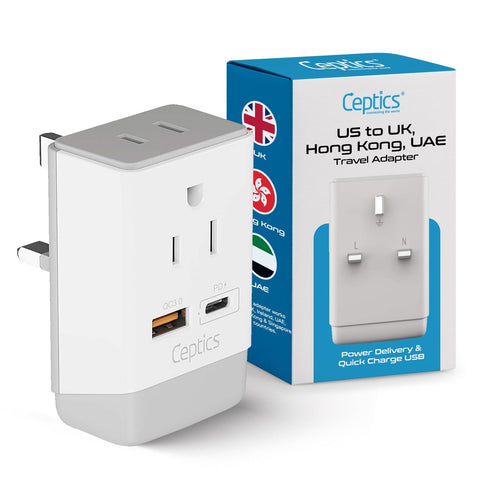 UK, England Travel Adapter | Type G - USB-A & USB-C Ports + 2 USA Outlet (AP-7) Ceptics