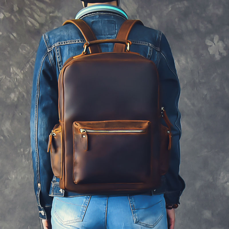 Men Retro Backpack Crazy Horse Leather Travel Backpack Laptop Backpack RockCow Leather Studio