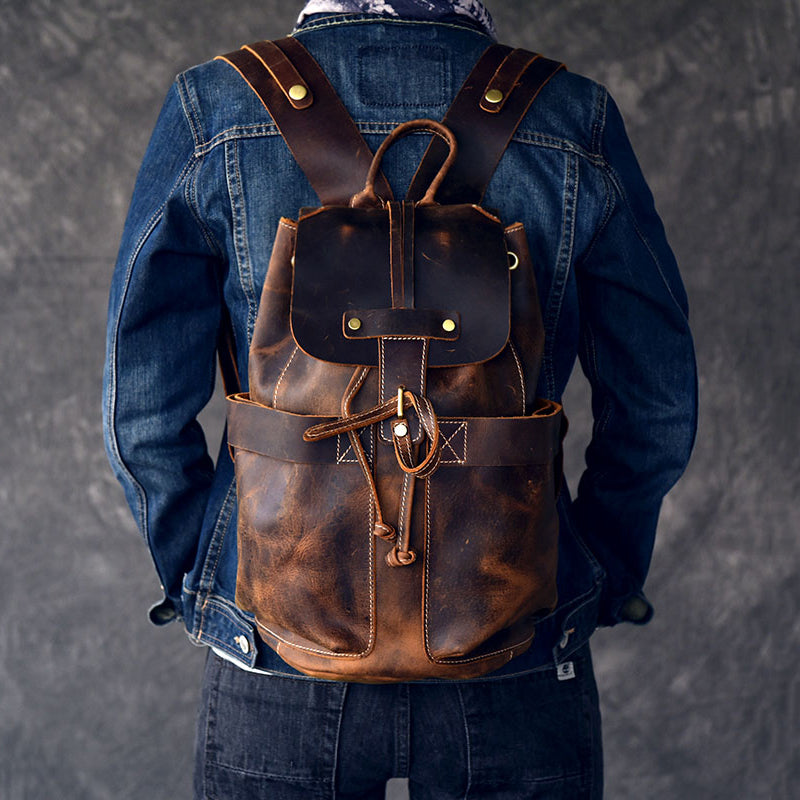 Crazy Horse Leather Men Travel Backpack Retro Laptop Backpack Bucket Backpack RockCow Leather Studio