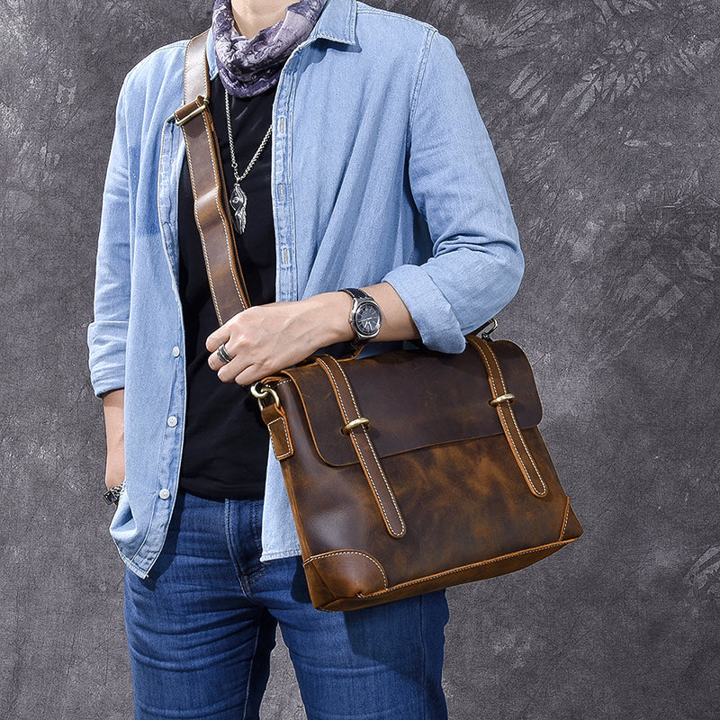 Crazy Horse Leather Men's Briefcase Retro Messenger Bag RockCow Leather Studio