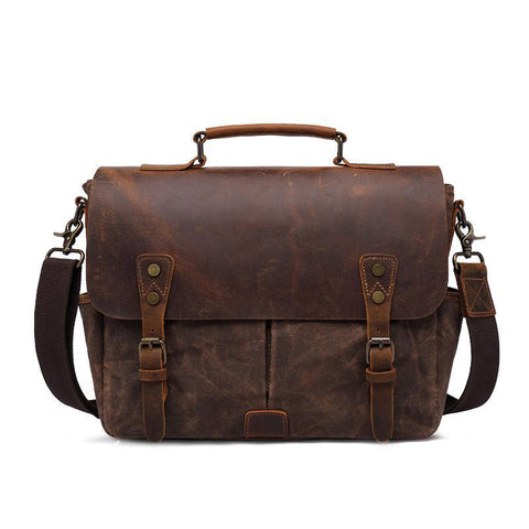 Latest Style Handmade Canvas Leather Briefcase Vintage Crazy Horse Messenger Bag Crossbody Shoulder Bag Laptop Bag W1808 RockCow Leather Studio