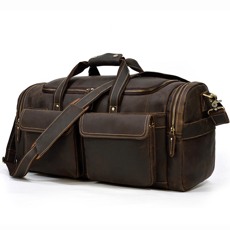 Crazy Horse Leather Duffle Bag Retro Large Capacity Tote Travel Bag Mens Weekender Overnight Bag RockCow Leather Studio
