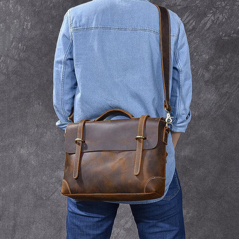 Crazy Horse Leather Men's Briefcase Retro Messenger Bag RockCow Leather Studio