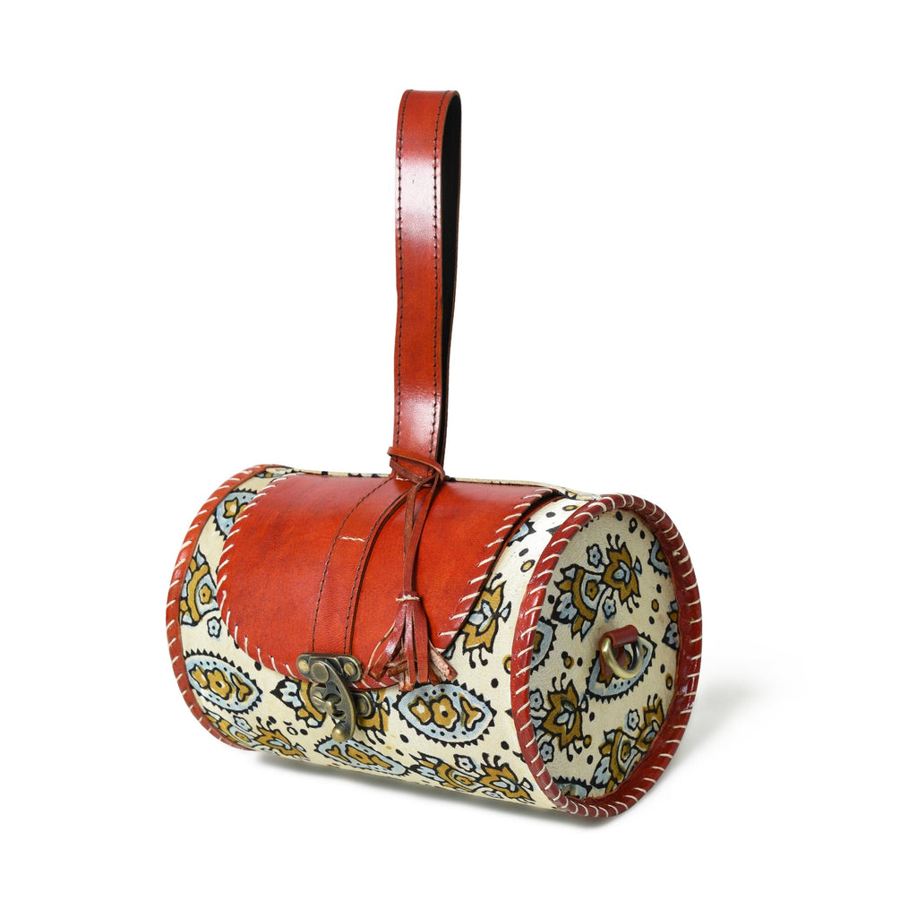 Cylindrical Block Printed Leather Bag Classy Leather Bags