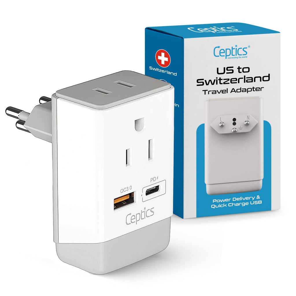 Switzerland Travel Adapter | Type J - USB-A & USB-C Ports + 2 USA Outlet (AP-11A) Ceptics