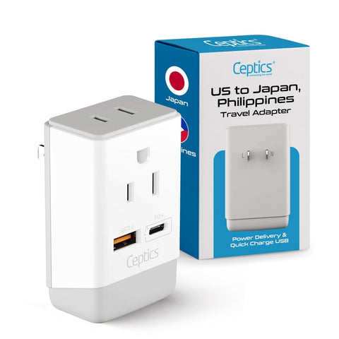 Japan, Philippines Travel Adapter | Type A - USB-A & USB-C Ports + 2 USA Outlet (AP-6) Ceptics