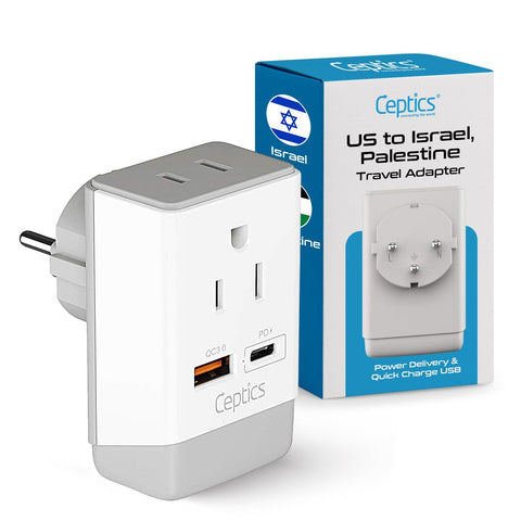 Israel, Palestine Travel Adapter | Type H - USB-A & USB-C Ports + 2 USA Outlet (AP-14) Ceptics