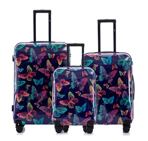 Multi-color Design ABS Hard Shell Lightweight with 360° Dual Spinning Wheels & Combo Lock – Includes 28", 24", 20" 3-Piece Luggage Set - Butterfly Mirage Luggage