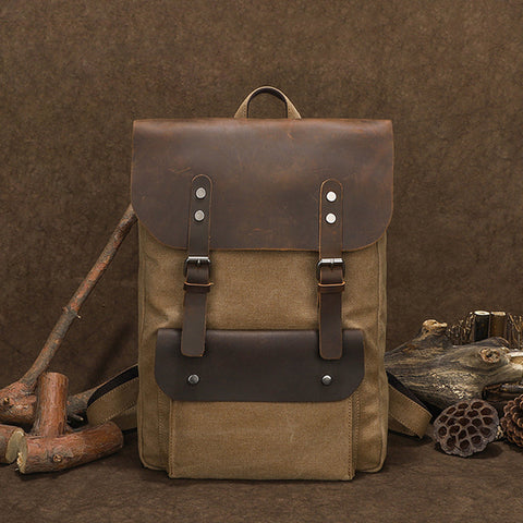 Canvas And Leather Backpack Vintage Waxed Canvas Travel Backpack Waterproof Flap Cover Canvas Laptop Backpack Camera Backpack RockCow Leather Studio