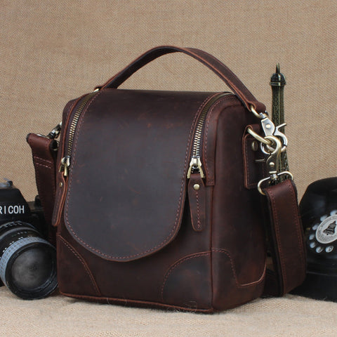 Crazy Horse Leather Camera Shoulder Bag Full Grain Leather Crossbody DSLR Camera Bag Mens Messenger Bag RockCow Leather Studio