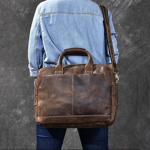 Crazy Horse Leather Large Briefcase Men Tote Bag Vintage Shoulder Messenger Bag RockCow Leather Studio