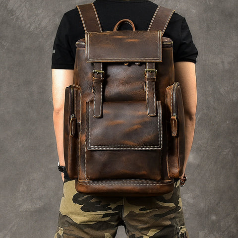Crazy Horse Leather Men Backpack Vintage Laptop Backpack Travel Backpack ESS468 RockCow Leather Studio