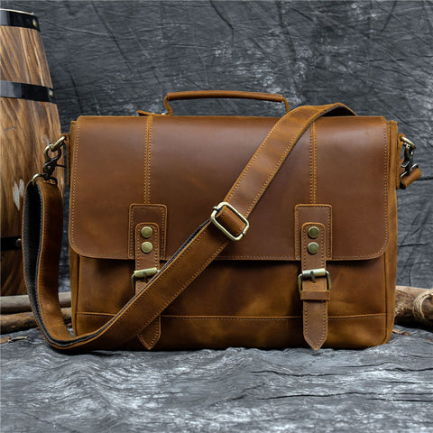 Full Grain Leather Briefcase Mens Leather Laptop Bag Premium Leather Messenger Bag Leather Macbook Shoulder Bag RockCow Leather Studio