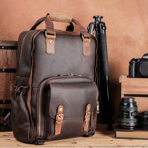 Full Grain Leather DSLR Camera Backpack Full Grain Leather Travel Backpack Crazy Horse Leather Mens Laptop Backpack RockCow Leather Studio
