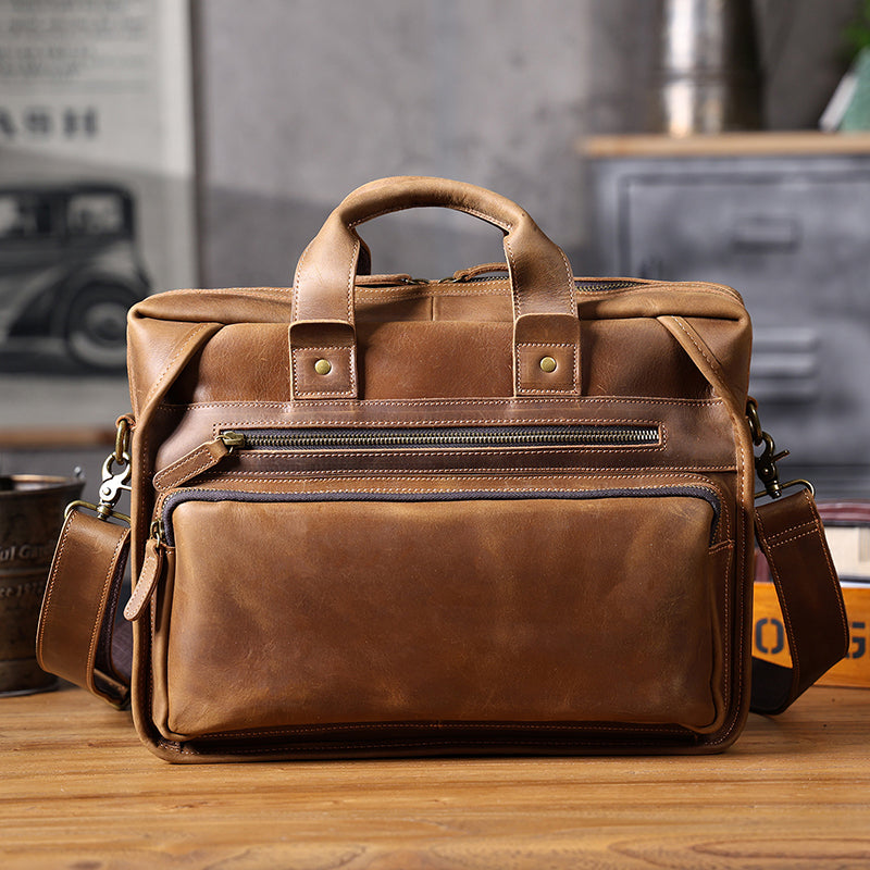 Full Grain Leather Laptop Bag Briefcase Leather Messenger Bag For Men Retro Leather Satchel Portfolio RockCow Leather Studio