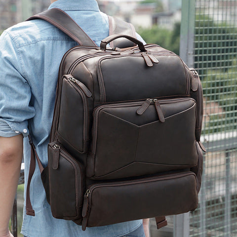 Full Grain Leather Large Travel Backpack Crazy Horse Leather Retro Backpack Mens Outdoor Travel Rucksack Laptop Backpack RockCow Leather Studio